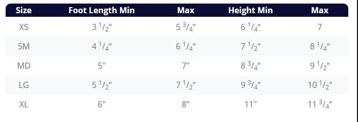 Pediatric SpryStep AFO sizes